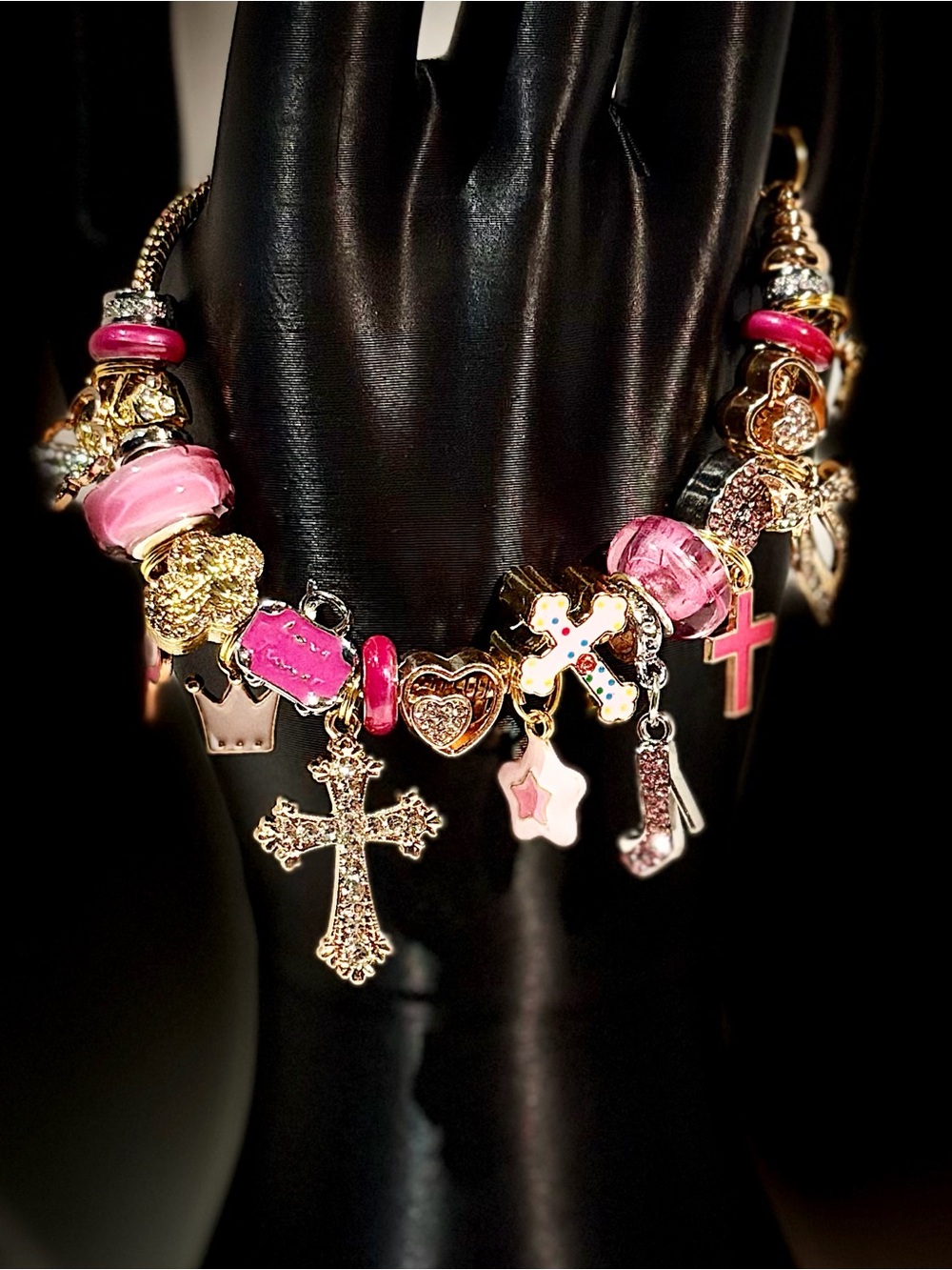 Gold Charm Bracelet with Pink Accents